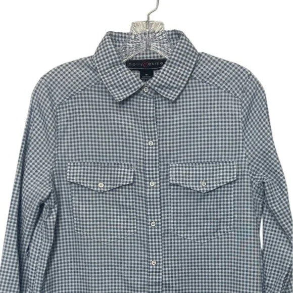 Polly & Esther Gingham Button Up Shirt Womens Medium Blue New Long Sleeve - Picture 3 of 8
